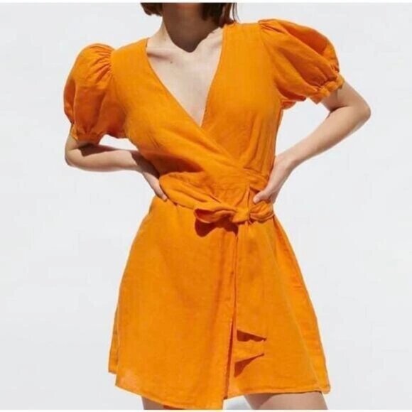 Zara Orange Wrap Dress Linen with Puff Sleeves & Waist Tie - Picture 1 of 3